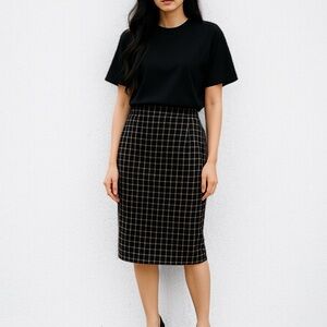 Aquascutum London Navy Check Lined Wool Midi Pencil Skirt | Size 10